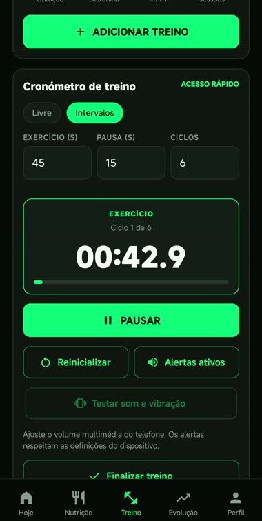 Ecrã Intervalos da APP